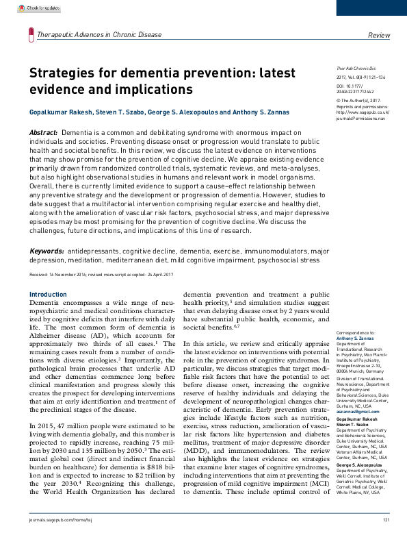 (PDF) Strategies for dementia prevention: latest evidence and implications