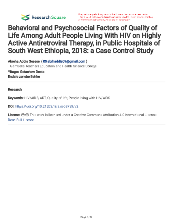(PDF) Behavioral and Psychosocial Factors of Quality of Life Among ...