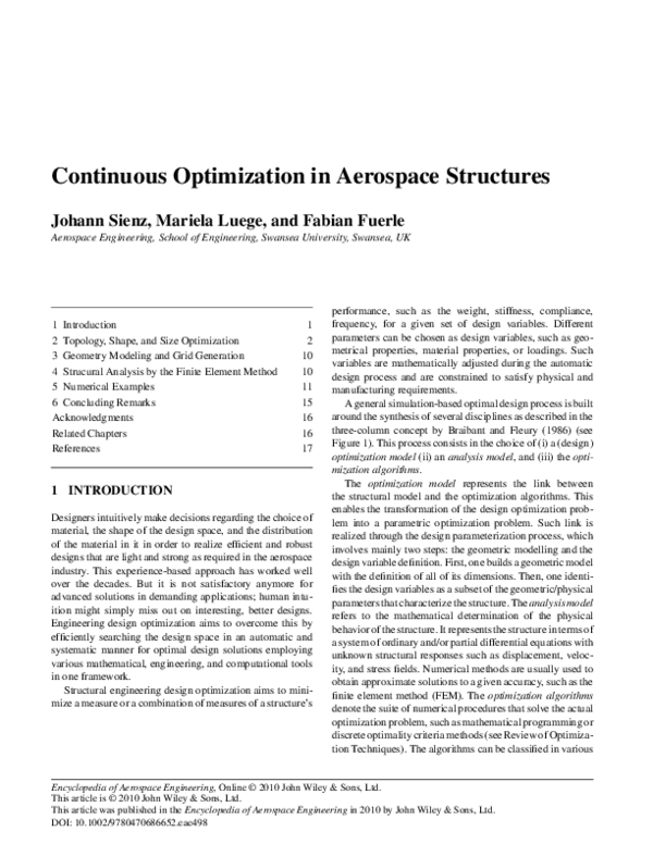 (PDF) Continuous Optimization in Aerospace Structures