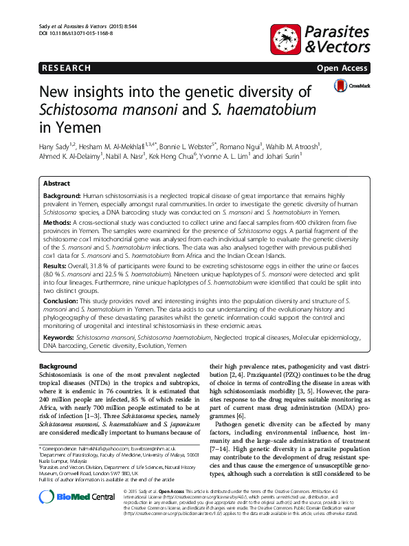 (PDF) New insights into the genetic diversity of Schistosoma mansoni ...