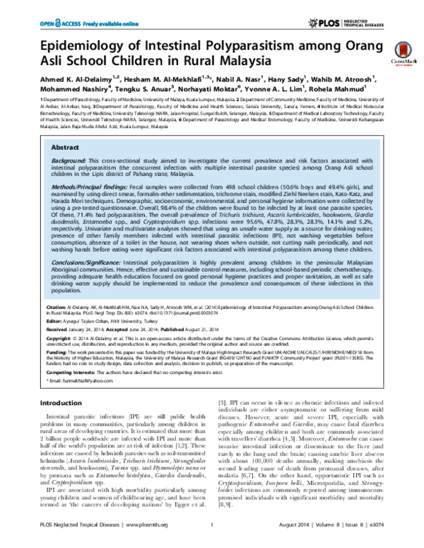 (PDF) Epidemiology of Intestinal Polyparasitism among Orang Asli School ...