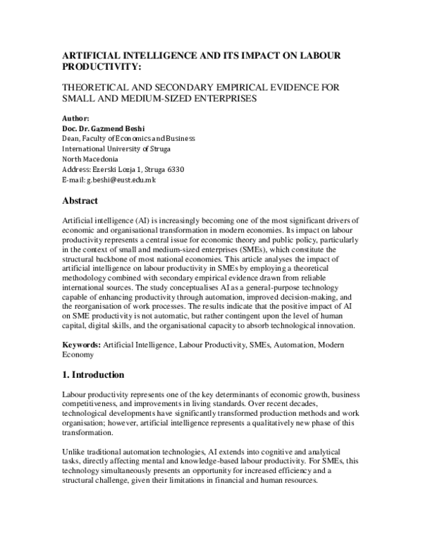 (PDF) ARTIFICIAL INTELLIGENCE AND ITS IMPACT ON LABOUR PRODUCTIVITY ...