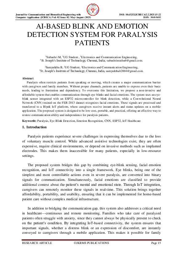(PDF) AI-BASED BLINK AND EMOTION DETECTION SYSTEM FOR PARALYSIS PATIENTS