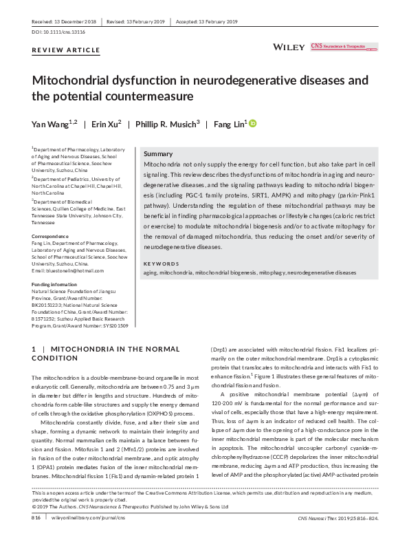 (PDF) Mitochondrial dysfunction in neurodegenerative diseases and the ...