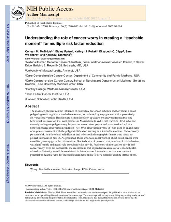(PDF) Understanding the role of cancer worry in creating a “teachable ...
