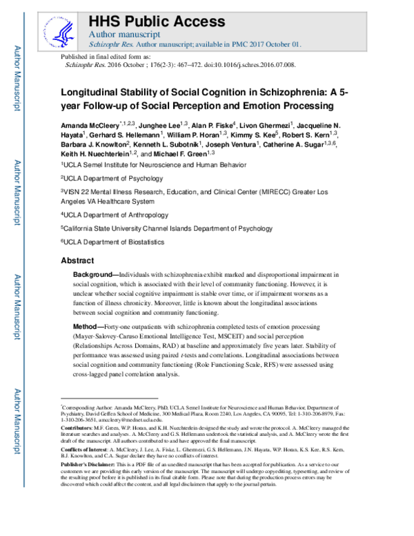 (PDF) Longitudinal stability of social cognition in schizophrenia: A 5 ...