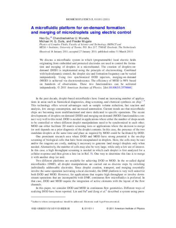 (PDF) A microfluidic platform for on-demand formation and merging of ...