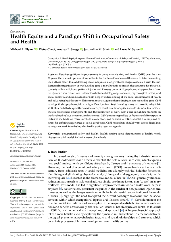 (PDF) Health Equity and a Paradigm Shift in Occupational Safety and Health