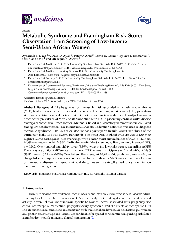 (PDF) Metabolic Syndrome and Framingham Risk Score: Observation from ...