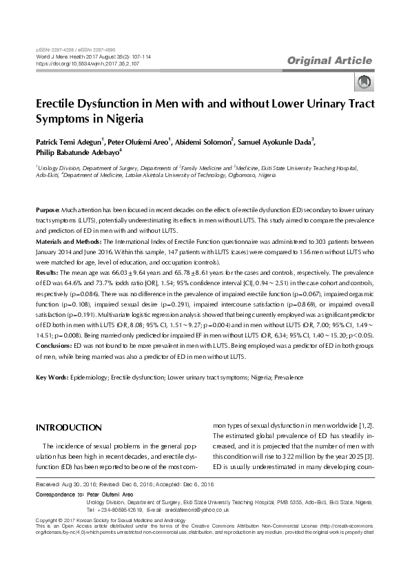 (PDF) Erectile Dysfunction in Men with and without Lower Urinary Tract ...