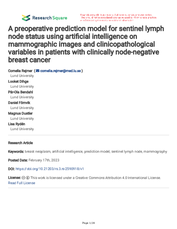 (PDF) A preoperative prediction model for sentinel lymph node status ...