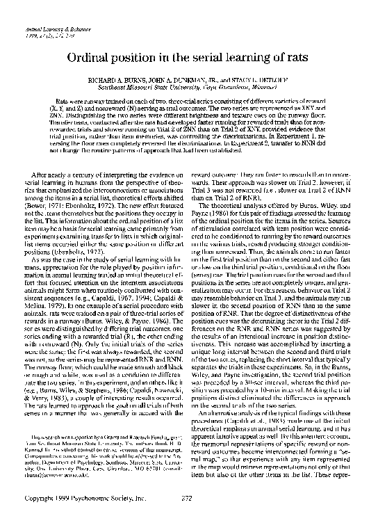 (PDF) Ordinal position in the serial learning of rats