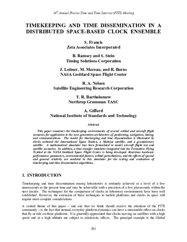(PDF) Timekeeping and Time Dissemination in a Distributed Space-Based ...