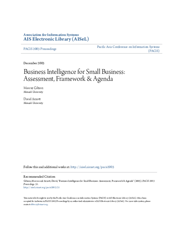 (PDF) Business Intelligence for Small Business: Assessment, Framework ...