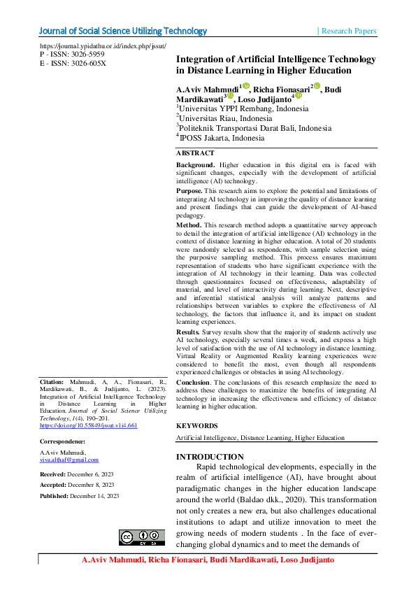 (PDF) Integration of Artificial Intelligence Technology in Distance ...