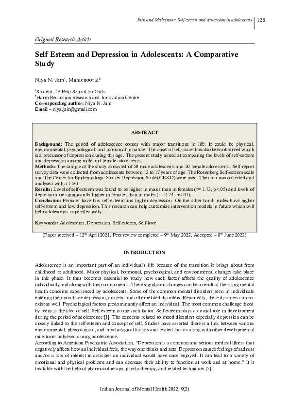 (PDF) Self Esteem and Depression in Adolescents: A Comparative Study