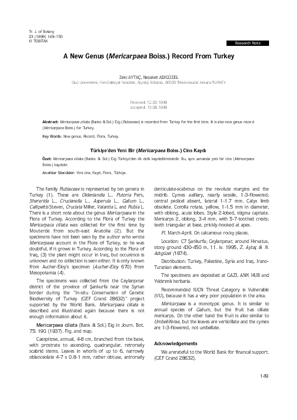 (PDF) A New Genus ( MericarpaeaBoiss.) Record From Turkey