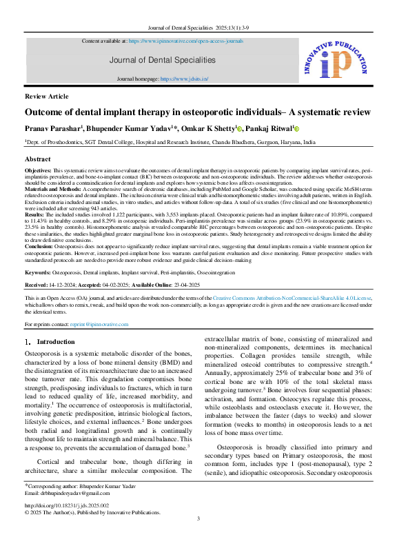 (PDF) Outcome of dental implant therapy in osteoporotic individuals-A ...