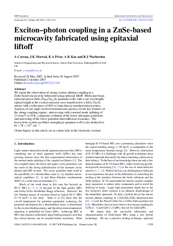 (PDF) Exciton–photon coupling in a ZnSe-based microcavity fabricated ...