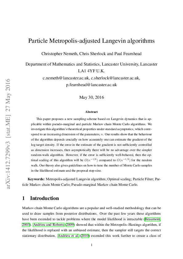 (PDF) Particle Metropolis-adjusted Langevin algorithms