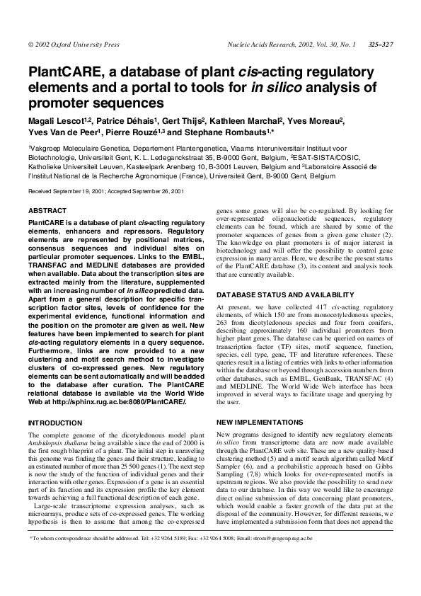 (PDF) PlantCARE, a database of plant cis-acting regulatory elements and ...
