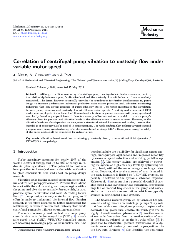 (PDF) Correlation of centrifugal pump vibration to unsteady flow under ...