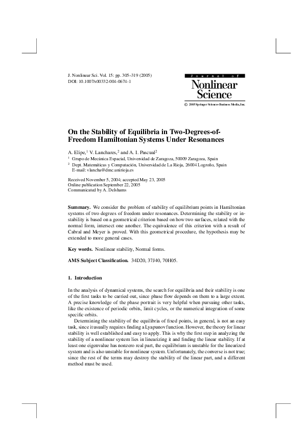 (PDF) On the Stability of Equilibria in Two-Degrees-of- Freedom ...