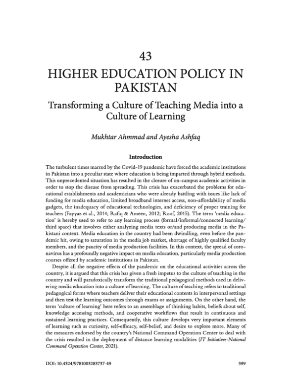 (PDF) HIGHER EDUCATION POLICY IN PAKISTAN: Transforming a Culture of ...
