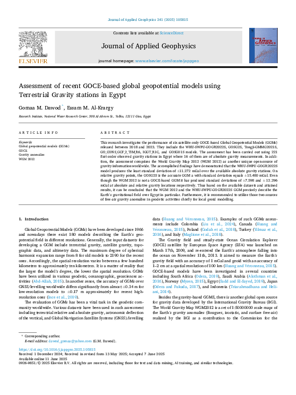 (PDF) Assessment of recent GOCE-based global geopotential models using ...
