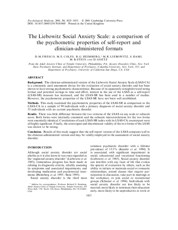 (PDF) The Liebowitz Social Anxiety Scale: a comparison of the ...