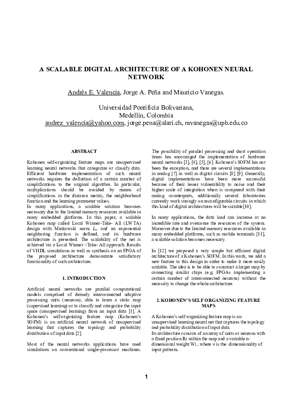 (PDF) A Scalable Digital Architecture of a Kohonen Neural Network