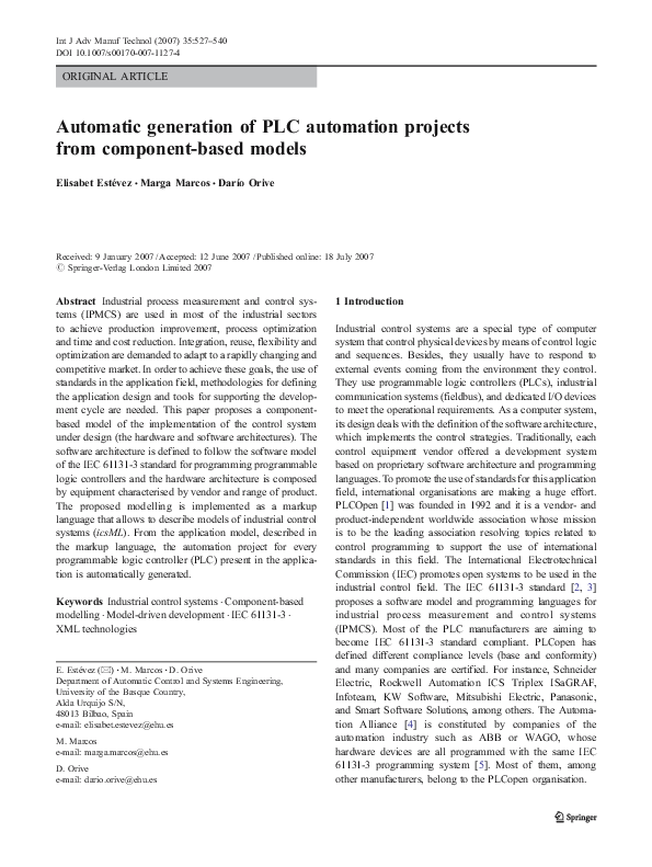 (PDF) Automatic generation of PLC automation projects from component ...