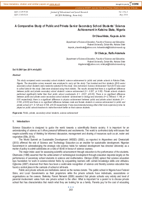 (PDF) A Comparative Study of Public and Private Senior Secondary School ...
