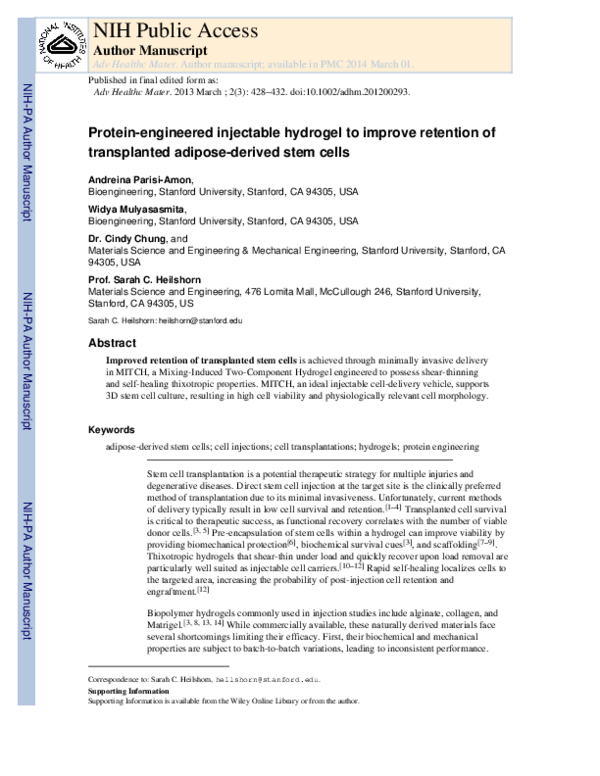 (PDF) Protein‐Engineered Injectable Hydrogel to Improve Retention of ...