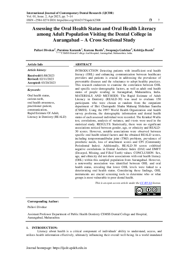 (PDF) Assessing the Oral Health Status and Oral Health Literacy among ...