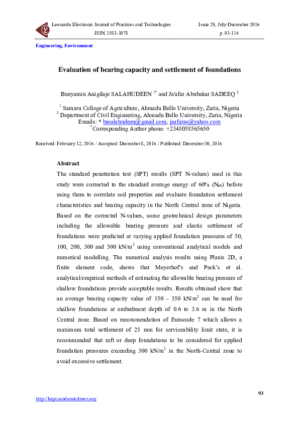 (PDF) Evaluation of bearing capacity and settlement of foundations