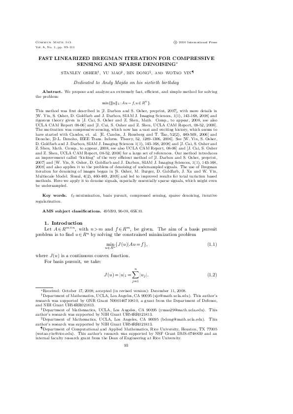 (PDF) Fast linearized Bregman iteration for compressive sensing and ...
