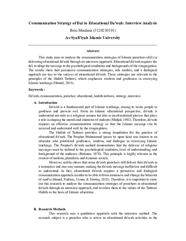 (PDF) Communication Strategy of Dai in Educational Da'wah: Interview ...