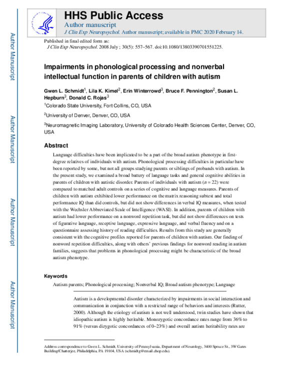 (PDF) Impairments in phonological processing and nonverbal intellectual ...