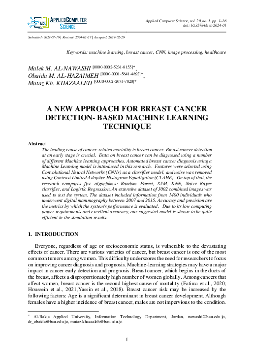 (PDF) New Approach for Breast Cancer Detection- Based Machine Learning ...