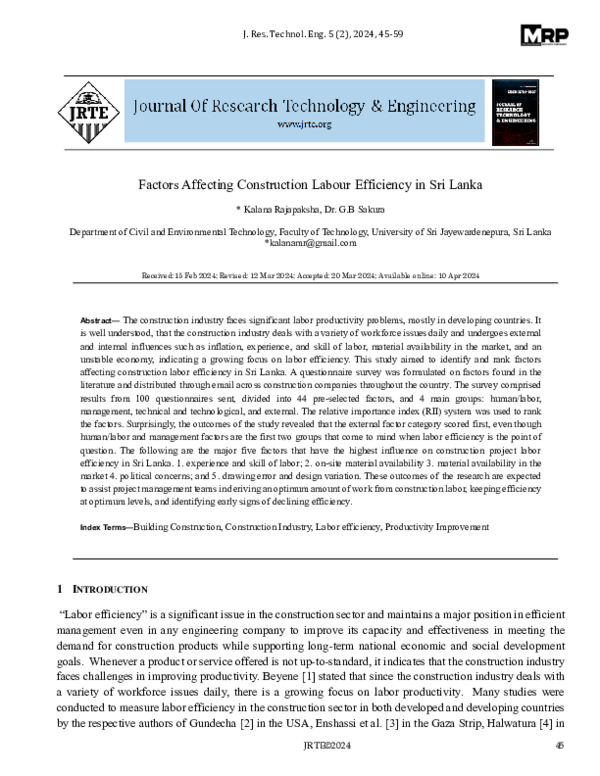 (PDF) Factors Affecting Construction Labour Efficiency in Sri Lanka