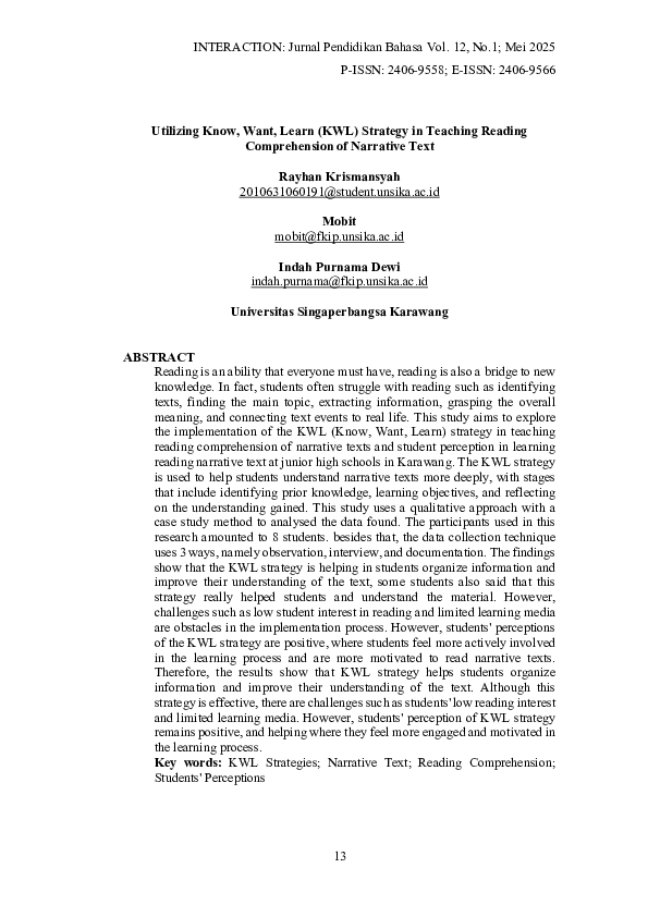 (PDF) Utilizing Know, Want, Learn (KWL) Strategy in Teaching Reading ...