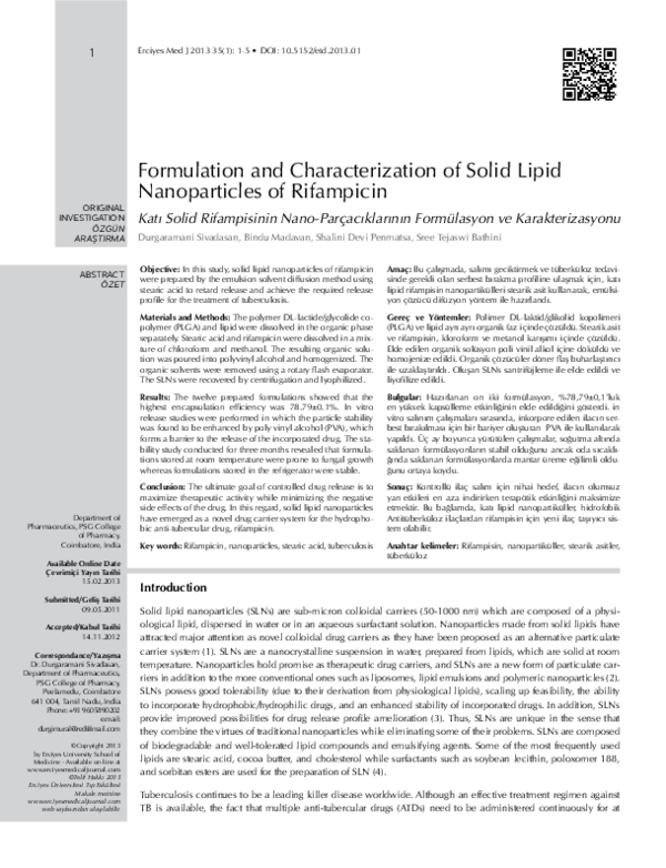 (PDF) Formulation and Characterization of Solid Lipid Nanoparticles of ...