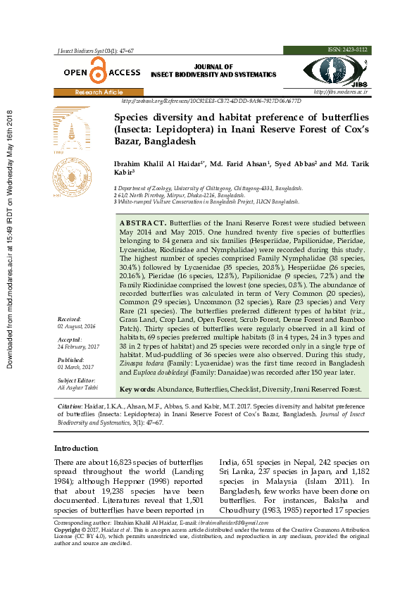 (PDF) JOURNAL OF INSECT BIODIVERSITY AND SYSTEMATICS Species diversity ...