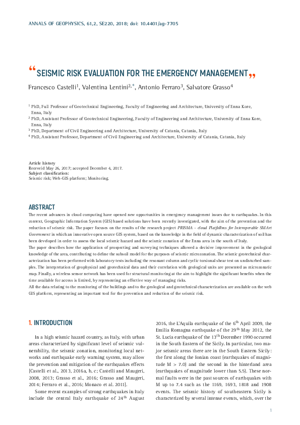 (PDF) Seismic risk: recent developments for the emergency management