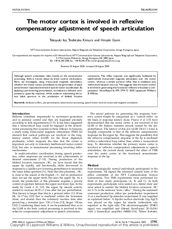 (PDF) The motor cortex is involved in reflexive compensatory adjustment ...