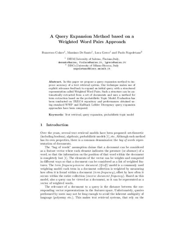 (PDF) A Query Expansion Method based on a Weighted Word Pairs Approach
