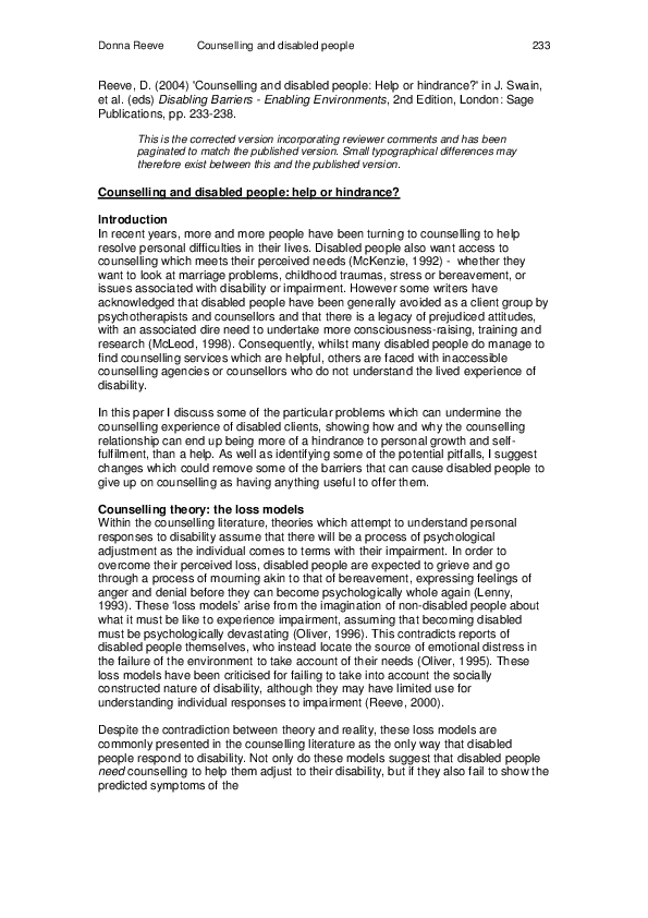 (PDF) Counselling and disabled people:help or hindrance?