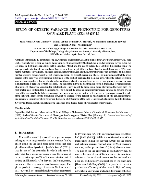 (PDF) STUDY OF GENETIC VARIANCE AND PHENOTYPIC FOR GENOTYPES OF MAIZE ...
