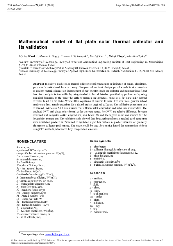 (PDF) Mathematical model of flat plate solar thermal collector and its ...